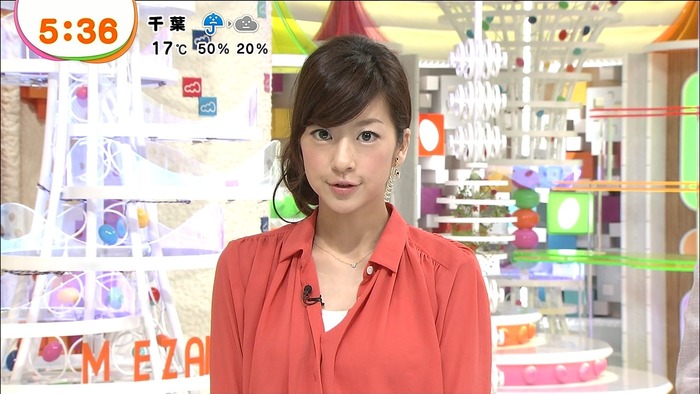オレンジのシャツでニュースを読むアナウンサー、生野陽子